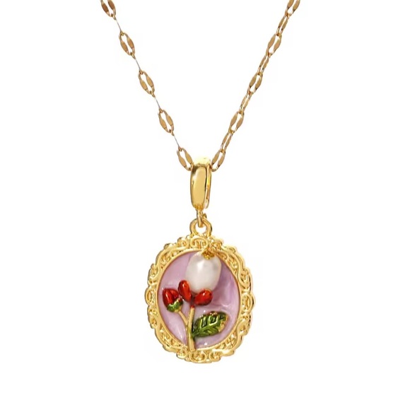 Anthropologie Jewelry - Unique 
ART CANVA 
Gold and Red Floral Pendant Necklace